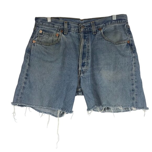 LEVI'S- WOMEN'S 33 - BLUE DENIM 501 BUTTON FLY JEAN CUT-OFF SHORTS - Picture 1 of 11